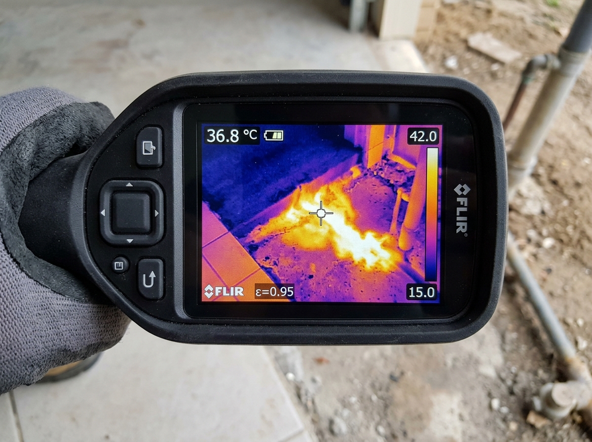 Thermal imaging infrared scan showing hot water line leak beneath concrete floor tile