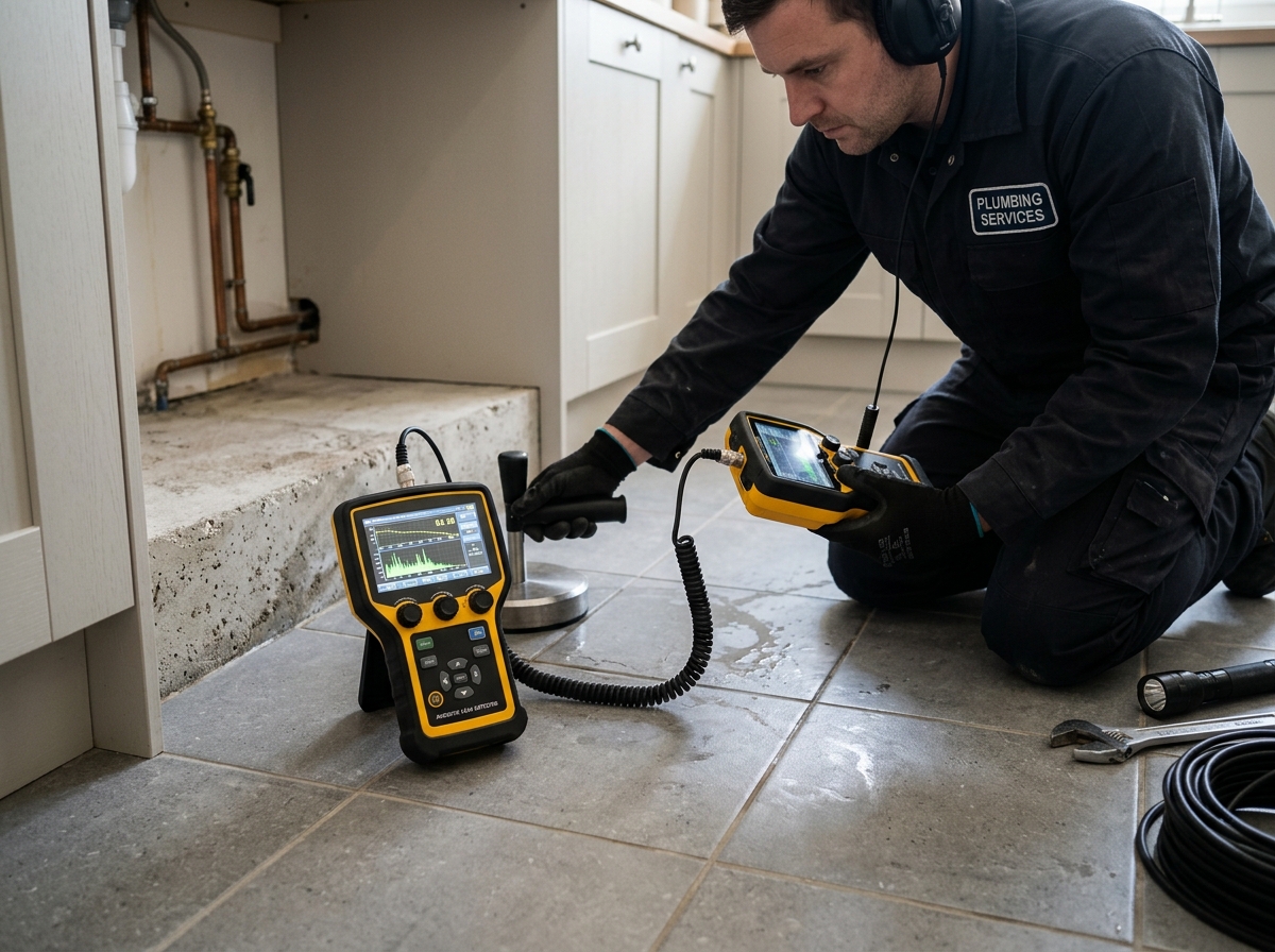 Acoustic electronic pipe listening sensor placed on concrete slab floor in Moore OK